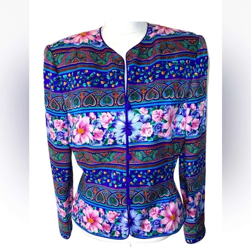 Adrianna Papell‎ Vintage 100% Silk Multicolor Floral Women’sBlazer Size:16